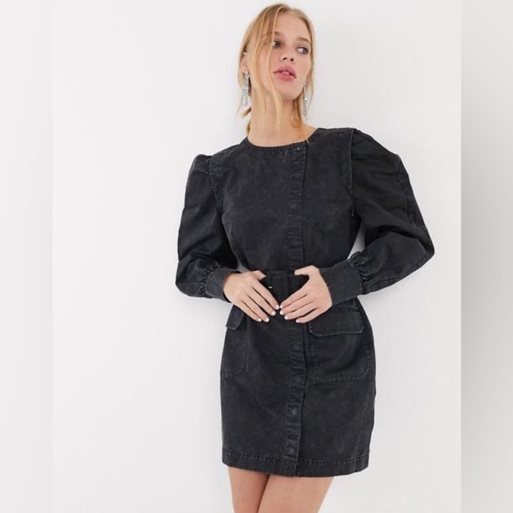 & Other Stories Puff-Sleeve Button Detail Denim Mini Dress in Washed Black